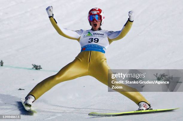 Robert Kranjec of Slovenia takes 1st place during the FIS Ski Flying World Championships HS225 on February 25, 2012 in Vikersund, Norway.