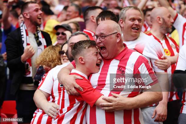Sunderland fans celebrate their side's first goal scored by Elliot Embleton during the Sky Bet League One Play-Off Final match between Sunderland and...