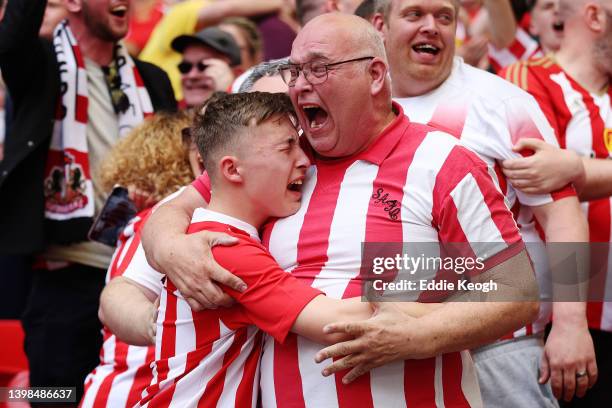 Sunderland fans celebrate their side's first goal scored by Elliot Embleton during the Sky Bet League One Play-Off Final match between Sunderland and...