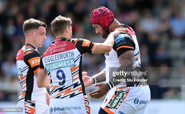 Tigers wing Nemani Nadolo is congratulated by team mates after scoring the opening try during the Gallagher Premiership Rugby match between Newcastle...