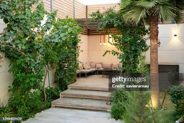secluded outdoor patio and foliage - courtyard stockfoto's en -beelden