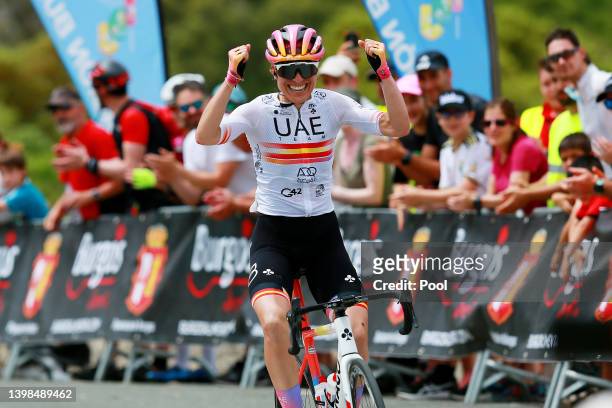 Margarita Victoria Garcia Cañellas of Spain and UAE Team Adq celebrates at finish line as stage winner during the 7th Vuelta a Burgos Feminas 2022 -...
