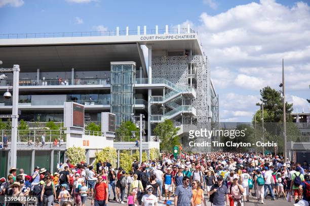 May 21. Large crowds of spectators on the walkway outside Court Philippe Chatrier during Roland Garros Kids' Day entertainment at the 2022 French...
