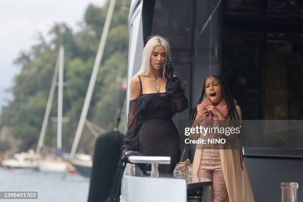 Kim Kardashian and North West arrive back in Portofino on May 21, 2022 near Portofino, Italy.