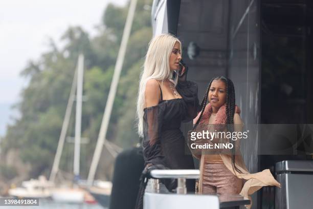 Kim Kardashian and North West arrive back in Portofino on May 21, 2022 near Portofino, Italy.