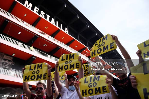 Valencia fans form a protest outside the stadium towards Owner, Peter Lim prior to the LaLiga Santander match between Valencia CF and RC Celta de...