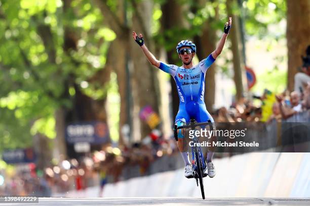 Simon Yates of United Kingdom and Team BikeExchange - Jayco celebrates at finish line as stage winner during the 105th Giro d'Italia 2022, Stage 14 a...