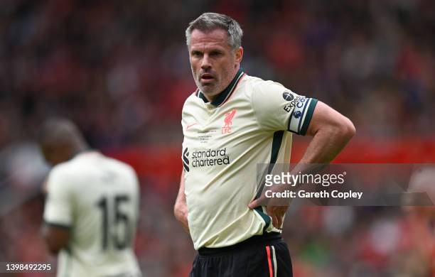 Jamie Carragher of Liverpool during the Legends of the North match between Manchester United and Liverpool at Old Trafford on May 21, 2022 in...