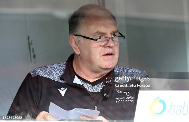 Falcons former director of Rugby Dean Richards watches from the coaches booth during the Gallagher Premiership Rugby match between Newcastle Falcons...