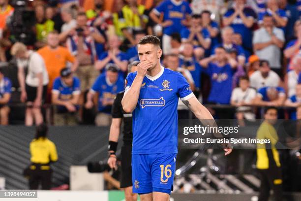 Aaron Ramsey of Rangers reacts after attempting a free kick while is defended by Kevin Trapp of Frankfurt during the UEFA Europa League final match...