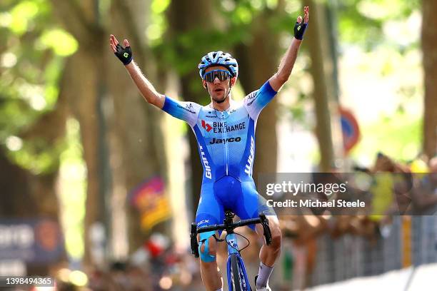 Simon Yates of United Kingdom and Team BikeExchange - Jayco celebrates at finish line as stage winner during the 105th Giro d'Italia 2022, Stage 14 a...