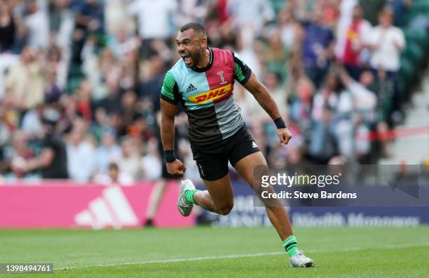 Joe Marler of Harlequins celebrates scoring their sides second try during the Gallagher Premiership Rugby match between Harlequins and Gloucester...