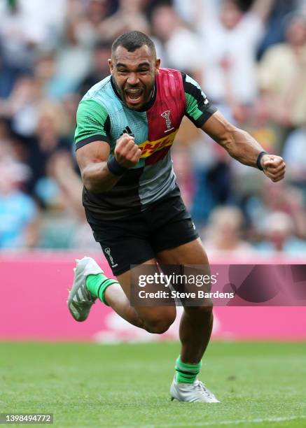 Joe Marler of Harlequins celebrates scoring their sides second try during the Gallagher Premiership Rugby match between Harlequins and Gloucester...