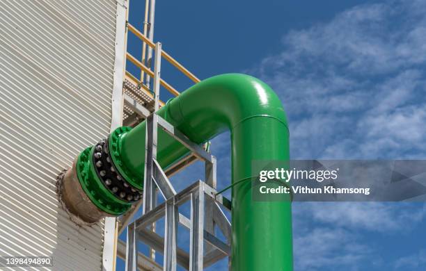 pipeline system of industrial zone, steel pipeline and valves at factory, pump and motor which popular to install with pipe at industrial such chemical, power plant, oil and gas, cooling tower. - heat pump stockfoto's en -beelden