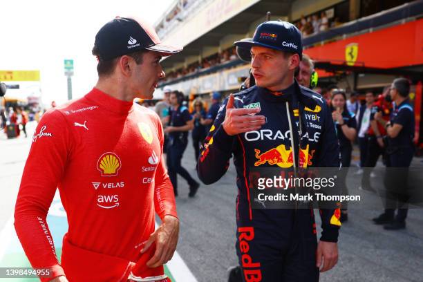Pole position qualifier Charles Leclerc of Monaco and Ferrari and Second placed qualifier Max Verstappen of the Netherlands and Oracle Red Bull...