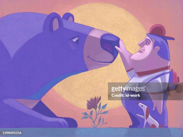 boy touching bear nose - fairy tale stock illustrations