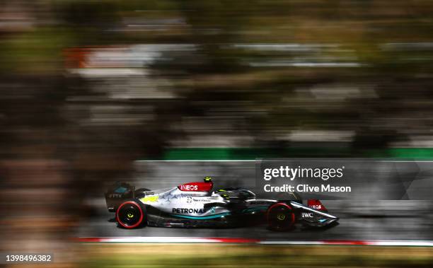 Lewis Hamilton of Great Britain driving the Mercedes AMG Petronas F1 Team W13 on track during qualifying ahead of the F1 Grand Prix of Spain at...