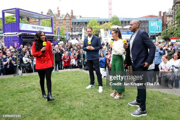 England manager Gareth Southgate is interviewed by Alex Scott, Fara Williams and Dion Dublin during the WEURO 2022 Roadshow on May 21, 2022 in...