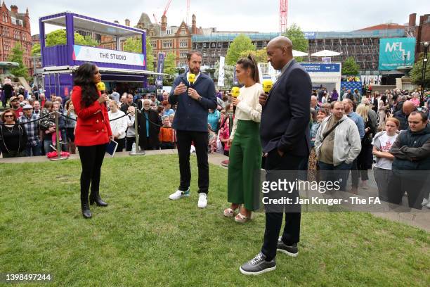 England manager Gareth Southgate is interviewed by Alex Scott, Fara Williams and Dion Dublin during the WEURO 2022 Roadshow on May 21, 2022 in...
