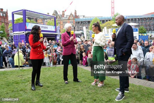 Baroness Sue Campbell is interviewed by Alex Scott, Fara Williams and Dion Dublin during the WEURO 2022 Roadshow on May 21, 2022 in Sheffield,...