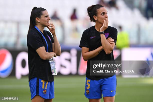 Andrea Pereira and Melanie Serrano of FC Barcelona inspects the pitch prior to the UEFA Women's Champions League final match between FC Barcelona and...