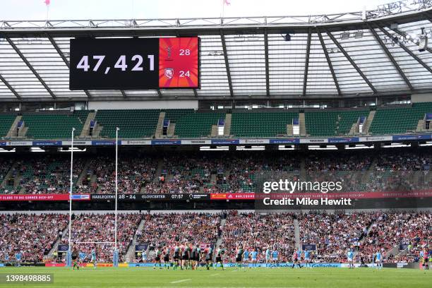 The LED board shows the match day attendance during the Gallagher Premiership Rugby match between Harlequins and Gloucester Rugby at Twickenham Stoop...