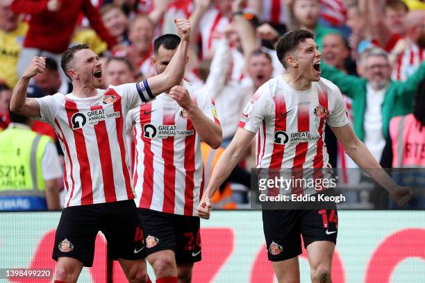 Ross Stewart of Sunderland celebrates with teammate Corry Evans after scoring their side's second goal during the Sky Bet League One Play-Off Final...
