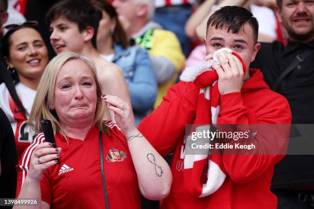 Sunderland fans celebrate during the Sky Bet League One Play-Off Final match between Sunderland and Wycombe Wanderers at Wembley Stadium on May 21,...