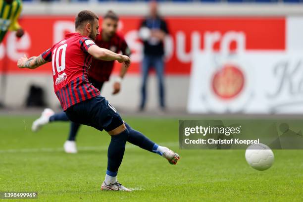 Kevin Rodrigues Pires of Wuppertal misses a penalty during the State Cup Final Lower Rhine between SV Straelen and Wuppertaler SV at...