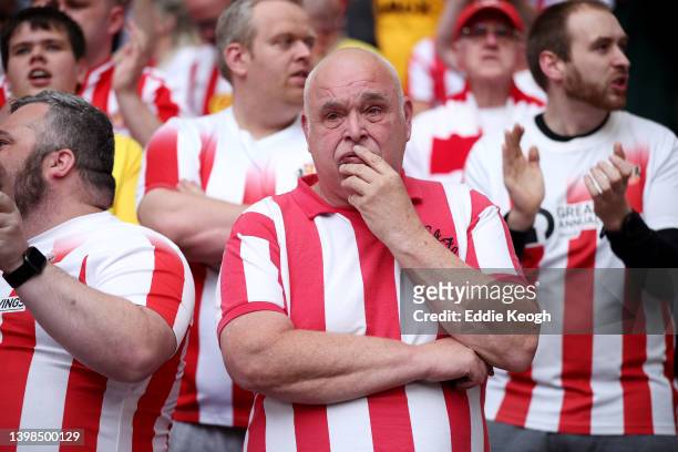 Sunderland fan reacts during the Sky Bet League One Play-Off Final match between Sunderland and Wycombe Wanderers at Wembley Stadium on May 21, 2022...