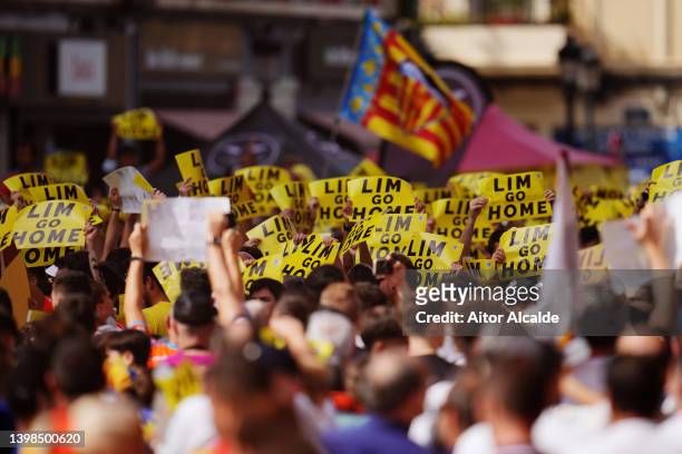Valencia fans form a protest outside the stadium towards Owner, Peter Lim prior to the LaLiga Santander match between Valencia CF and RC Celta de...