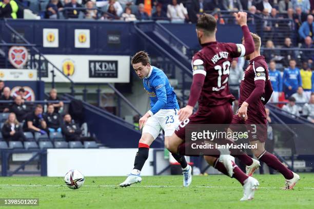 Scott Wright of Rangers scores their side's second goal during the Scottish Cup Final match between Rangers and Heart of Midlothian at Hampden Park...
