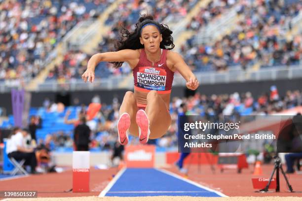 Katarina Johnson-Thompson of Great Britain competes in the Women's Long Jump during Muller Birmingham Diamond League, part of the 2022 Diamond League...