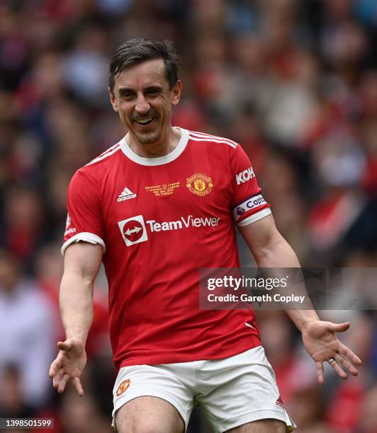 Gary Neville of Manchester United during the Legends of the North match between Manchester United and Liverpool at Old Trafford on May 21, 2022 in...