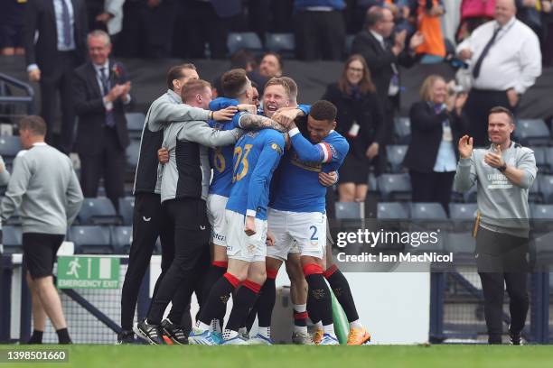 Scott Wright of Rangers celebrates with Scott Arfield, James Tavernier and teammates after scoring their side's second goal during the Scottish Cup...