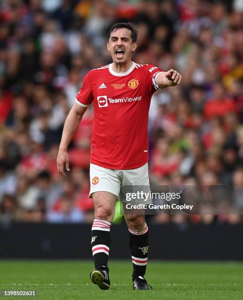 Gary Neville of Manchester United shouts during the Legends of the North match between Manchester United and Liverpool at Old Trafford on May 21,...