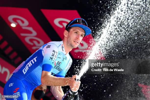 Simon Yates of United Kingdom and Team BikeExchange - Jayco celebrates winning the stage on the podium ceremony after the 105th Giro d'Italia 2022,...