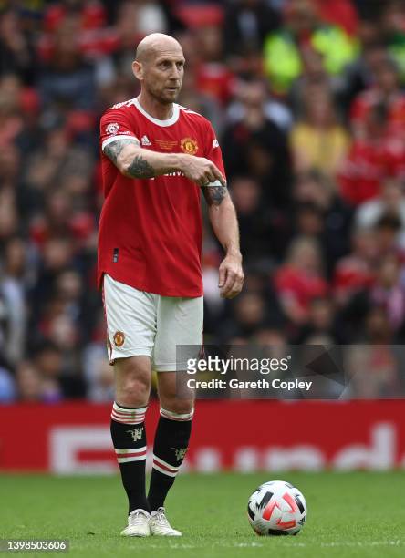 Jaap Stam of Manchester United during the Legends of the North match between Manchester United and Liverpool at Old Trafford on May 21, 2022 in...