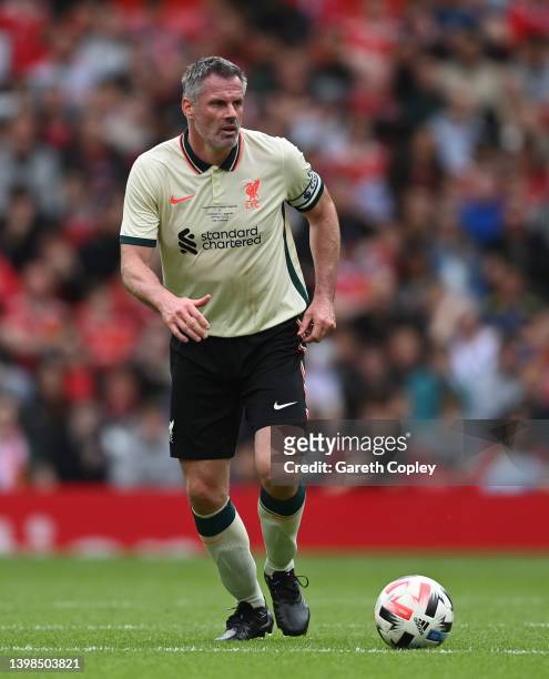 Jamie Carragher of Liverpool during the Legends of the North match between Manchester United and Liverpool at Old Trafford on May 21, 2022 in...
