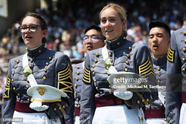 West Point graduates stand and sing as the Army Song is played during the 2022 West Point Commencement Ceremony at West Point Military Academy on May...