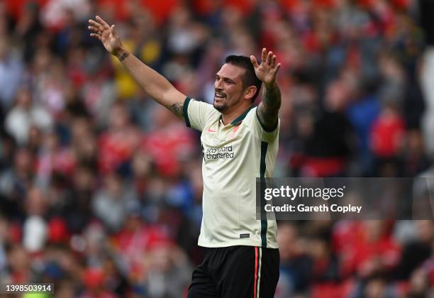 Mark Gonzalez of Liverpool celebrates his team's third goal during the Legends of the North match between Manchester United and Liverpool at Old...