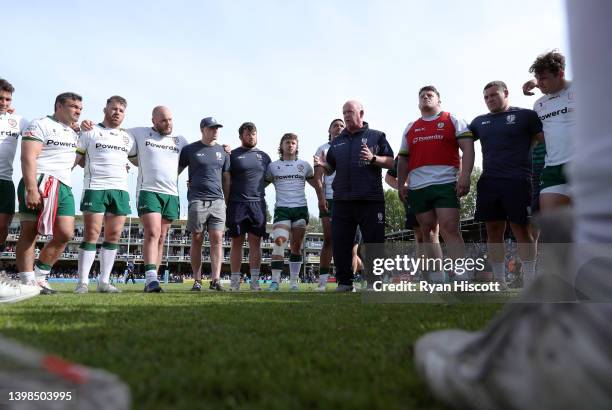 Declan Kidney, Director of Rugby of London Irish, speaks to their team after the final whistle of the Gallagher Premiership Rugby match between Bath...