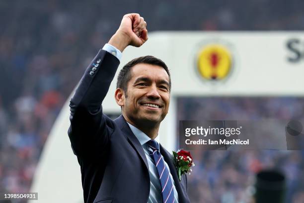Giovanni van Bronckhorst, Manager of Rangers celebrates after victory in the Scottish Cup Final match between Rangers and Heart of Midlothian at...