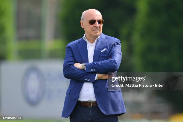 Giuseppe Marotta of FC Internazionale looks on during the FC Internazionale training session at the club's training ground Suning Training Center at...