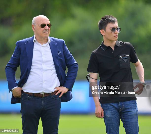 President Steven Zhang of FC Internazionale and CEO Giuseppe Marotta of FC Internazionale look on during the FC Internazionale training session at...