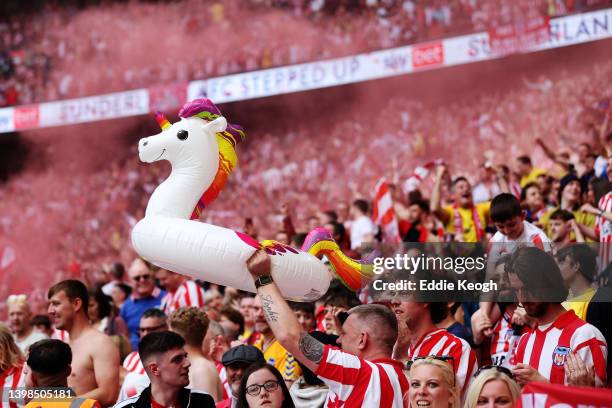 Sunderland fans celebrate after victory in the Sky Bet League One Play-Off Final match between Sunderland and Wycombe Wanderers at Wembley Stadium on...