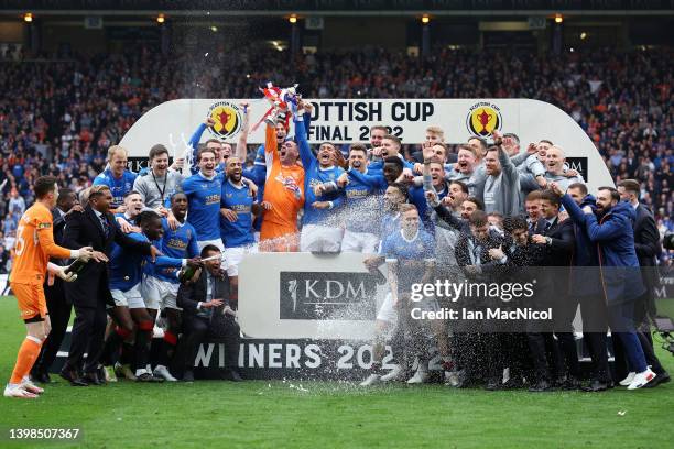 Allan McGregor and James Tavernier of Rangers lift the Scottish Cup trophy following victory in the Scottish Cup Final match between Rangers and...