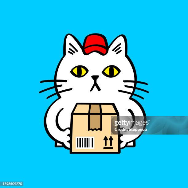white cat brought the parcel - cat in box stock illustrations