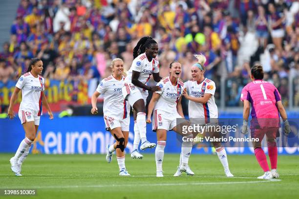 Amandine Henry of Olympique Lyonnais celebrates with teammates after scoring their side's first goal during the UEFA Women's Champions League final...