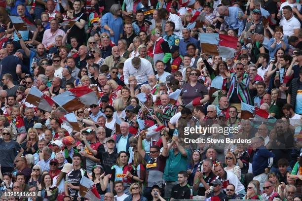 Harlequins Supporters enjoy the atmosphere during the Gallagher Premiership Rugby match between Harlequins and Gloucester Rugby at Twickenham Stoop...